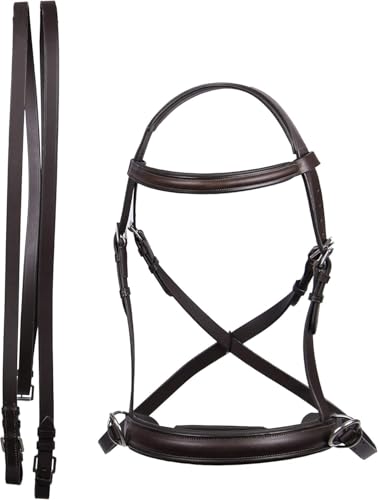 Hulara Genuine English Leather Crossover | Crossunder Bitless Horse Bridle Headstall with Reins - color: Brown, size: Full