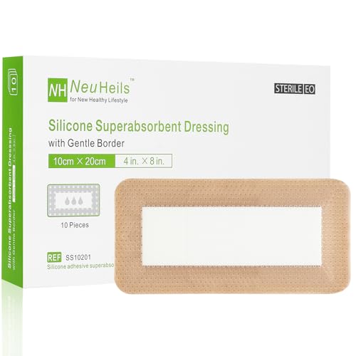 NeuHeils Silicone Super Absorbent Wound Dressing 4''x8'' 10 Pks, 2x6in Pad | Pressure Ulcers, Bedsores, Post-surgical Wounds and Cuts, Soft Gauze Island Dressing, Waterproof Bandage for Heavy Exudate - size: 4''x8''(10 Packs)
