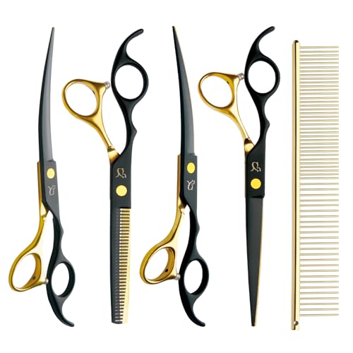 Dog Grooming Scissors-7" Dog Grooming Shears Set 5PCS Black Gold | Paint Coated Curved Scissors Thinning Scissors with Safety Round Tips, Sharp and Durable