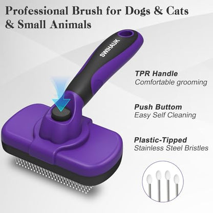 Swihauk Self Cleaning Slicker Brush for Dogs & Cats, Skin Friendly Pet Grooming for Shedding, Deshedding, and Hair Removal - Puppy Brush for Long Haired Pets, Pet Supplies, Purple - color: Purple