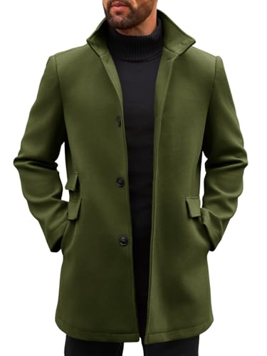 Runcati Mens Pea Coat Single Breasted Mid Long Trench Coat Overcoat | Slim Fit, Stand Collar, Fall Winter, Jacket, Pocket, Warm, Casual, Dress, Business, Christmas Gift - color: Army Green, size: Medium