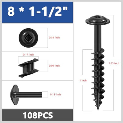 Wensilon (Black) Pocket Hole Screws # 8 * 1-1/2" 109pcs 1lbs Square Hole Wood Screws and Round Head Square Hole self Tapping Screws are Suitable for Wooden use.150MM,60MM Drive bit Included. - color: Black, size: 8*1-1/2"
