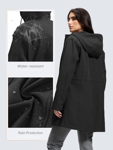 SaphiRose Women's Waterproof Rain Jacket with Fleece Lining Hooded Windbreaker Long Warm Outdoor Softshell Coat - color: Black, size: Medium