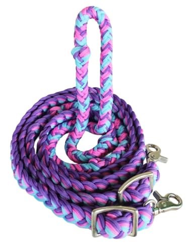 Challenger Horse Nylon Braided Knotted Roping Barrel Reins Turquoise Pink Purple 60739