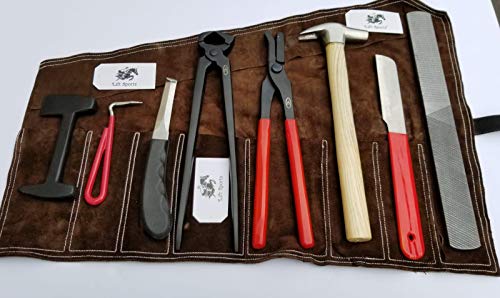Professional Heavy Duty Horse Farrier Tools Kit Hoof Nipper Clincher Rasp Hammer Knife Forge Nail Grooming Kit with Leather Roll Up Wallet