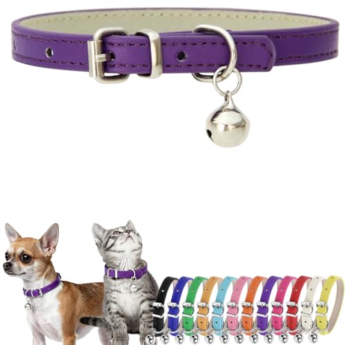 XXS Dog Collar with Bell, PU Leather Male Puppy Collar with Bells Purple - color: Purple, size: XXS (5-8 inches)