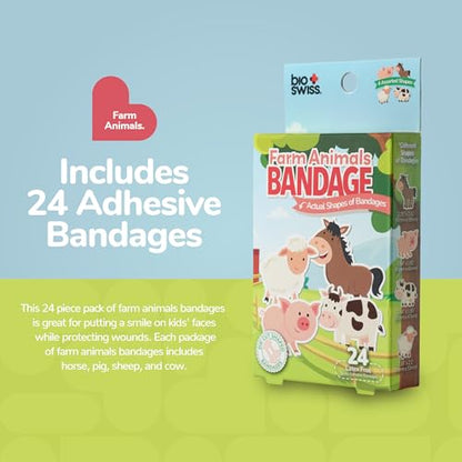 BioSwiss Bandages, Farm Animal Shaped Self Adhesive Bandage Set, Latex Free, Sterile Wound Care, 24 Count - size: 24-Count Box, style: Farm Animals