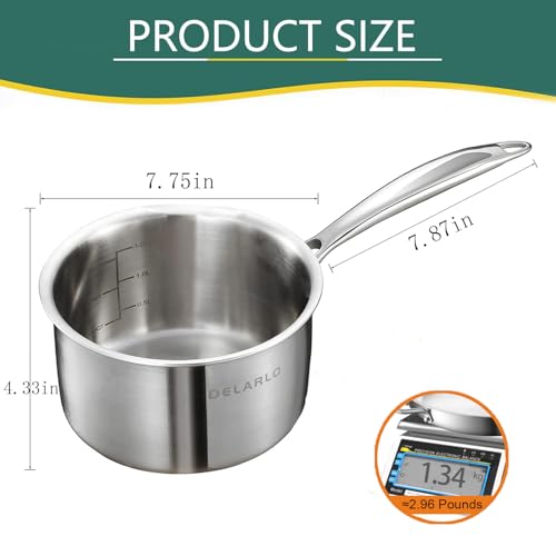 DELARLO Full-body Clad Tri-Ply Stainless Steel 2.5 Quart Saucepan with Lid - color: Silver, size: 2.5 Quarts