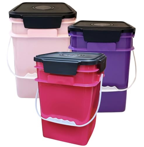 House Naturals 4 Gallon Square Food Grade Bucket Pail with Plastic Handles and Lid (Pack of 3) Made in USA containers (Pink/Magenta/Purple - Black lids) - color: Pink/Magenta/Purple - Black Lids