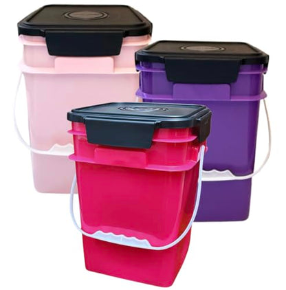 House Naturals 4 Gallon Square Food Grade Bucket Pail with Plastic Handles and Lid (Pack of 3) Made in USA containers (Pink/Magenta/Purple - Black lids) - color: Pink/Magenta/Purple - Black Lids