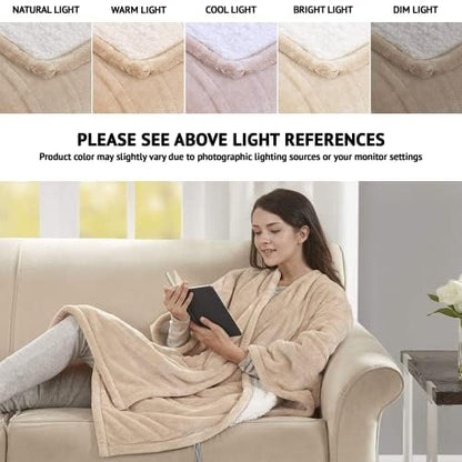 Beautyrest Wearable Electric Poncho Wrap Blanket, Ultra Soft Sherpa & Berber Fleece Heated Throw with Low EMF, UL Certified & OEKO-TEX, 3 Heat Settings & 2 Hour Auto Shutoff, Gift-Ready, 50"x64",Tan - color: Tan, size: 50 in x 64 in