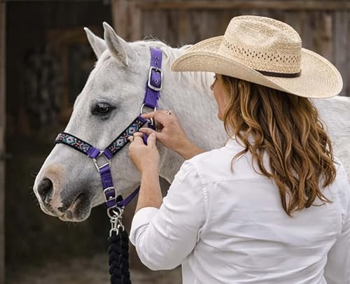 CHALLENGER Nylon Horse Beaded Halter Nickle Plated Hardware w/Lead Rope Tack Blue 606175 - color: Purple, size: Cob Size