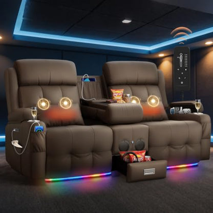 Power Reclining Loveseat Sofa with Flip Backrest Console - color: Brown Texture Finish, size: Power Loveseat
