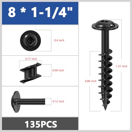 Wensilon (Black) Pocket Hole Screws # 8 * 1-1/4" 135pcs 1lbs Square Hole Wood Screws and Round Head Square Hole self Tapping Screws are Suitable for Wooden use.150MM,60MM Drive bit Included. - color: Black, size: 8*1-1/4"