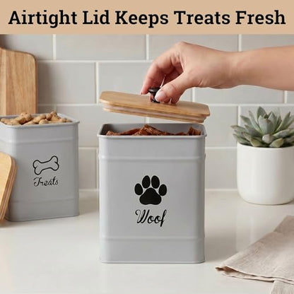 Dog Treat Container Set of 2 with Airtight Bamboo Lids - 8x6 & 7x5 inch | Fits All Popular Treats, Up to 20 Cups Combined Capacity, Airtight Bamboo Lid, Easy Open Lid, Dent-Resistant Durable Metal - color: Gray - Large