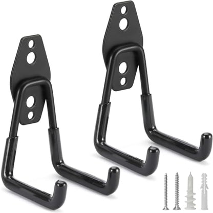 2 Pack Heavy Duty Garage Hooks Storage Organizer Wall Mount Power and Garden Tool Hangers, for Hanging Ladders, Ropes, Hose, Bulk Items - color: Black 2 pack