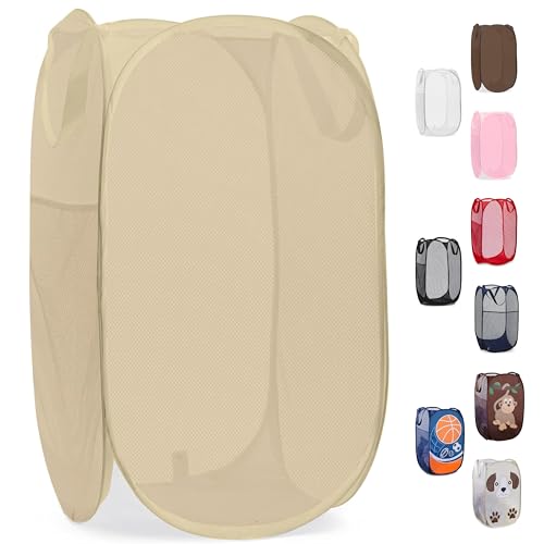 Handy Laundry Collapsible Mesh Pop Up Hamper with Side Pocket - color: Beige, 1-PACK