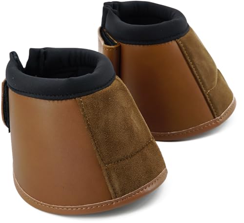 Jeereal No Turn Bell Boots Hoof Protection,Shock Absorbing, Water-Repellent,with Anti-Spin Fastening System |Neoprene,Waterproof Cloth,Genuine Leather (Brown, Cob (Medium)) - color: Brown, size: Cob (Medium)