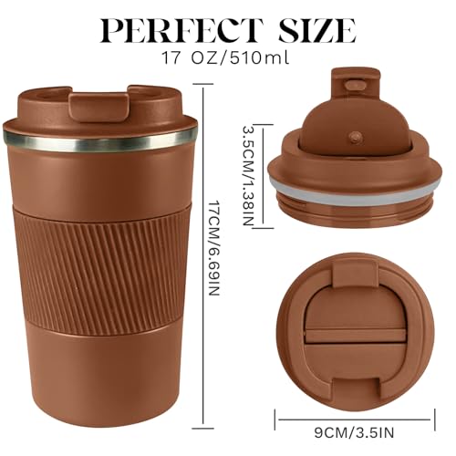 Insulated Travel Coffee Mug, Stainless Steel Coffee Cup with Leakproof Lid - color: Brown, size: 17 Ounces