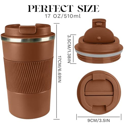 Insulated Travel Coffee Mug, Stainless Steel Coffee Cup with Leakproof Lid - color: Brown, size: 17 Ounces
