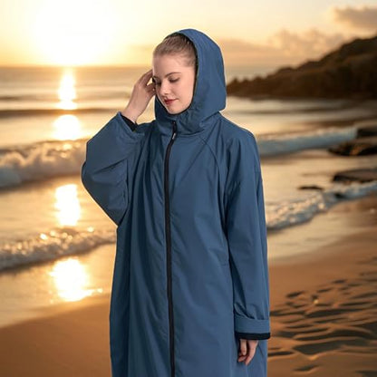 Oksun Waterproof Swim Parka: Windproof Sherpa Fleece Lined Surf Poncho - color: Sherpa Lining, Navy