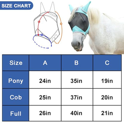 Horse Fly Mask with Ears, Breathable Fine Mesh Turquoise Full - color: Turquoise, size: Full