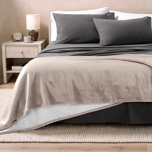 Bare Home Sherpa Fleece Blanket (Throw, Pebble) - color: 09 - Light Taupe, size: Throw/Travel