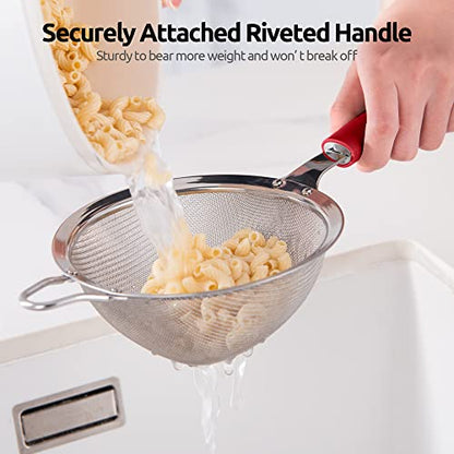 18/8 Stainless Steel Mesh Strainer: U-Taste 5.5 Inch Kitchen Fine Mesh Sieve Food Colander with Riveted Sturdy Silicone Handle and 30 Mesh Hole for Straining Flour, Pasta, Fruit, Quinoa (Red) - color: (4) Red, size: Medium (5.5 x 13 in)