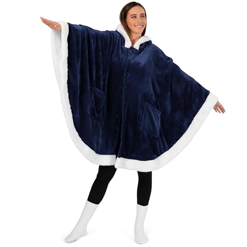PAVILIA Hooded Blanket Poncho for Women, Fleece Wearable Shawl Wrap, Blue | Fleece Shawl Wrap with Hood, Adult Wearable Blanket, Cozy Warm Poncho Cape Throw with Pockets, Gift for Elderly Mom - color: Navy