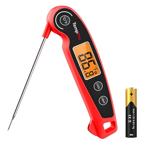 TempPro TempSwift Instant Read Meat Thermometer for Cooking | Waterproof Digital Food Thermometer with Large Backlit LCD, Kitchen Thermometer for Grilling, Smoking & Candy Making - color: Red