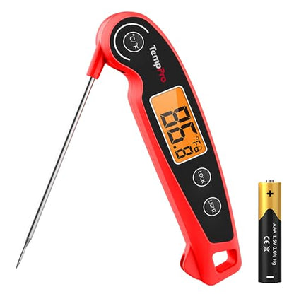 TempPro TempSwift Instant Read Meat Thermometer for Cooking | Waterproof Digital Food Thermometer with Large Backlit LCD, Kitchen Thermometer for Grilling, Smoking & Candy Making - color: Red