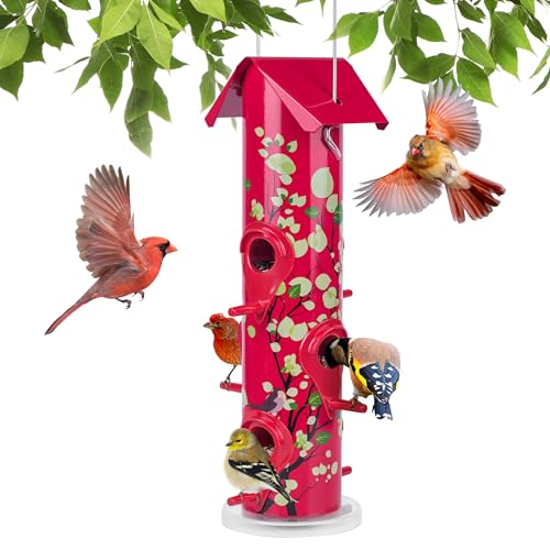 Kingsyard Metal Bird Feeders for Outdoors Hanging, Tube Bird Feeder - color: Red