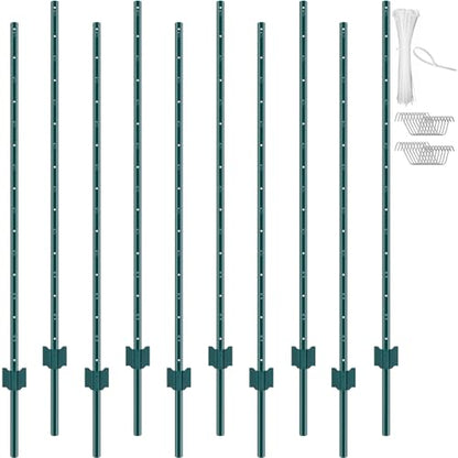 VEVOR 5 Feet Fence Post, 10 Pack U-Channel Heavy Duty Metal Fence Posts with 30 Zip Ties & 20 Clips, Sturdy Steel Fence Stakes for Garden Yard, Lawn, Farms and Outdoor Wire Fencing, Green - size: 5 Feet 10 Pack