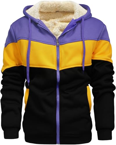 Men's Winter Fleece Thermal Jackets for Men Sherpa Lined Hoodies Warm Thick Jacket Outerwear - color: 995purple Yellow Black, size: XX-Large