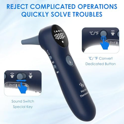 Pet Ear Thermometer for Dogs, Cats, and Livestock, Long Probe Designed, ℃/ ℉ Convert and Sound Switch Dedicated Button, 1 Second Measurement, 20 pcs Pet Swabs Included