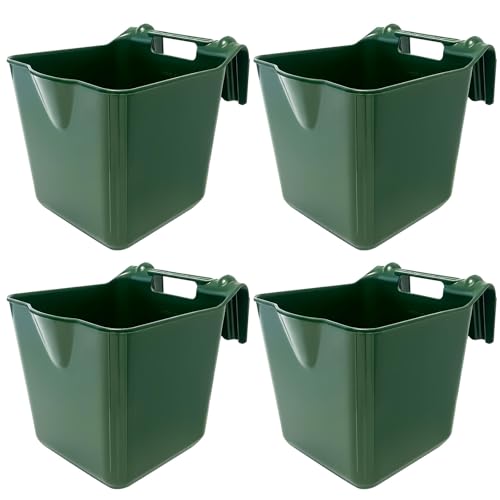 Horse Feed Bucket, 15 Quart Plastic Stall Hook Over, Green 4-Pack