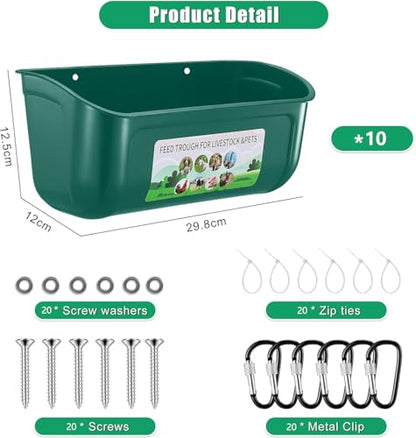 Chicken Feeder Waterer, 10 Pack Duck Feeder Supplies, Hanging Fence Feed Trough with Clips for Goat, Sheeple, Piglet, Gooses, Turkeys, Dog Livestock Poultry,Green - color: 10 pack Green