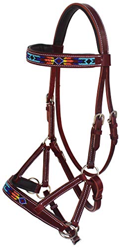 CHALLENGER Horse Western Leather Tack Beaded Bitless Sidepull Bridle Reins Brown 77RS16 - color: Mahogany/Beaded