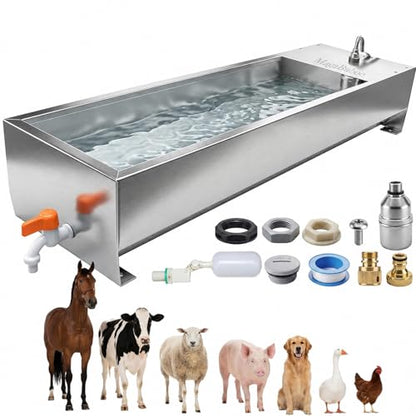Automatic Livestock Water Trough, 54L Stainless Steel Animal Waterer with Float Valve Kit, Large Outdoor Auto Fill Water Dispenser for Horses Cattle Goats Pigs Hogs and Dogs