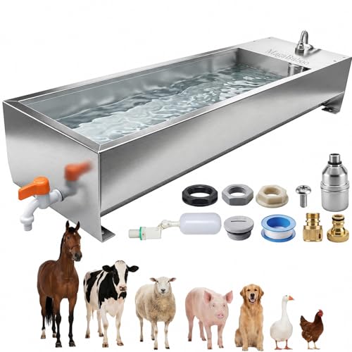 Automatic Livestock Water Trough, 54L Stainless Steel Animal Waterer with Float Valve Kit, Large Outdoor Auto Fill Water Dispenser for Horses Cattle Goats Pigs Hogs and Dogs