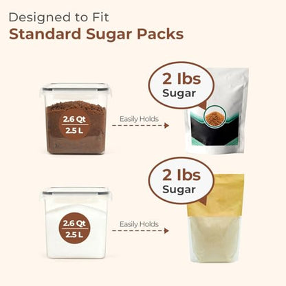ComSaf Airtight Brown Sugar Containers with Terra Cotta Saver 2.6Qt 2Pack | Plastic Food Storage Canister with Lid, Sugar Flour Cereal Oats, Pantry Kitchen, Stackable Brown Sugar Keeper, Label & Scoops - size: 2.6Qt-Square