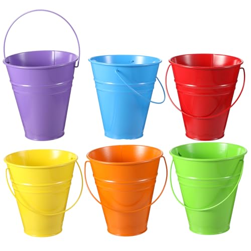 Sadnyy 6 Pack Pastel Small Metal Galvanized Bucket with Handle 5" | Pastel Small Mini Metal Galvanized Buckets, Colorful Wire Handle, Easter Party Candy Container, Table Centerpiece for Vase - color: Bright Color