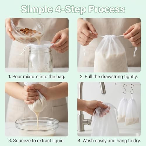 6 Pack Nut Milk Bag 12x8 Inch, 200 Mesh Reusable Cheesecloth Strainer Bags for Yogurt, Almond Milk, Cold Brew Coffee, Juice, Tofu & Tea, Fine Nylon Food Grade Filter Bags with Reinforced Seams