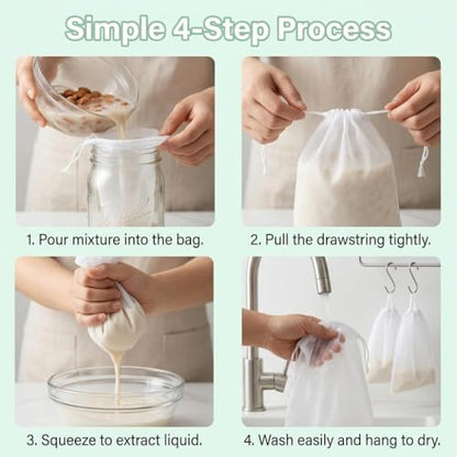 6 Pack Nut Milk Bag 12x8 Inch, 200 Mesh Reusable Cheesecloth Strainer Bags for Yogurt, Almond Milk, Cold Brew Coffee, Juice, Tofu & Tea, Fine Nylon Food Grade Filter Bags with Reinforced Seams