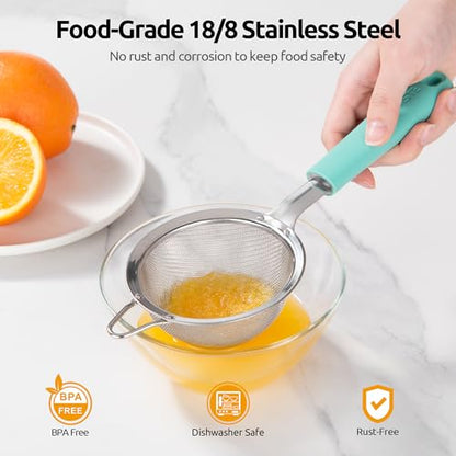 U-Taste Fine Mesh Strainer, 18/8 Stainless Steel Sieve 30 Mesh, S/Aqua Sky | Tea Coffee Strainer with Silicone Handle, Mini Small Ultra Fine Sieve, Metal Colander for Loose Tea/Juice/Pulp/Matcha/Liquids - color: (1) Aqua Sky, size: S-3.35in