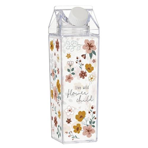 Faithworks Milk Carton Shaped Container - Clear Acrylic Leakproof for Water Juice Coffee Creamer, 17-Ounce, Flower Child