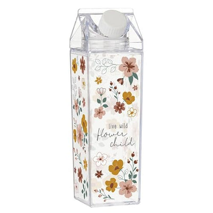 Faithworks Milk Carton Shaped Container - Clear Acrylic Leakproof for Water Juice Coffee Creamer, 17-Ounce, Flower Child