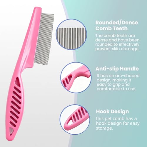 MEDUWEDU 5 Pack Flea & Lice Comb Set for Cats, Dogs & Kids – Stainless Steel Fine Tooth Nit Comb Kit with Double-Sided Tear Stain Remover, Grooming Brush & Peine para Piojos for Thick Hair (Pink) - color: Pink