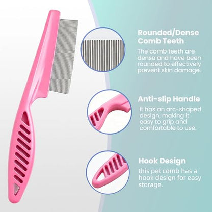 MEDUWEDU 5 Pack Flea & Lice Comb Set for Cats, Dogs & Kids – Stainless Steel Fine Tooth Nit Comb Kit with Double-Sided Tear Stain Remover, Grooming Brush & Peine para Piojos for Thick Hair (Pink) - color: Pink