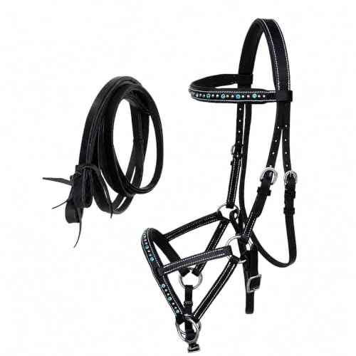 Horse Western Leather Beaded Bitless Sidepull Bridle Reins Rhinestone - color: Black/Turquoise